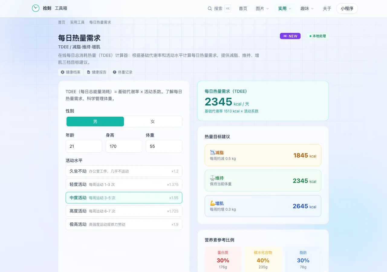 每日热量需求工具界面